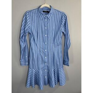 Lauren Ralph Lauren Blue Stripe‎ Button Down Shirtdress Ruffle Hem Size 4